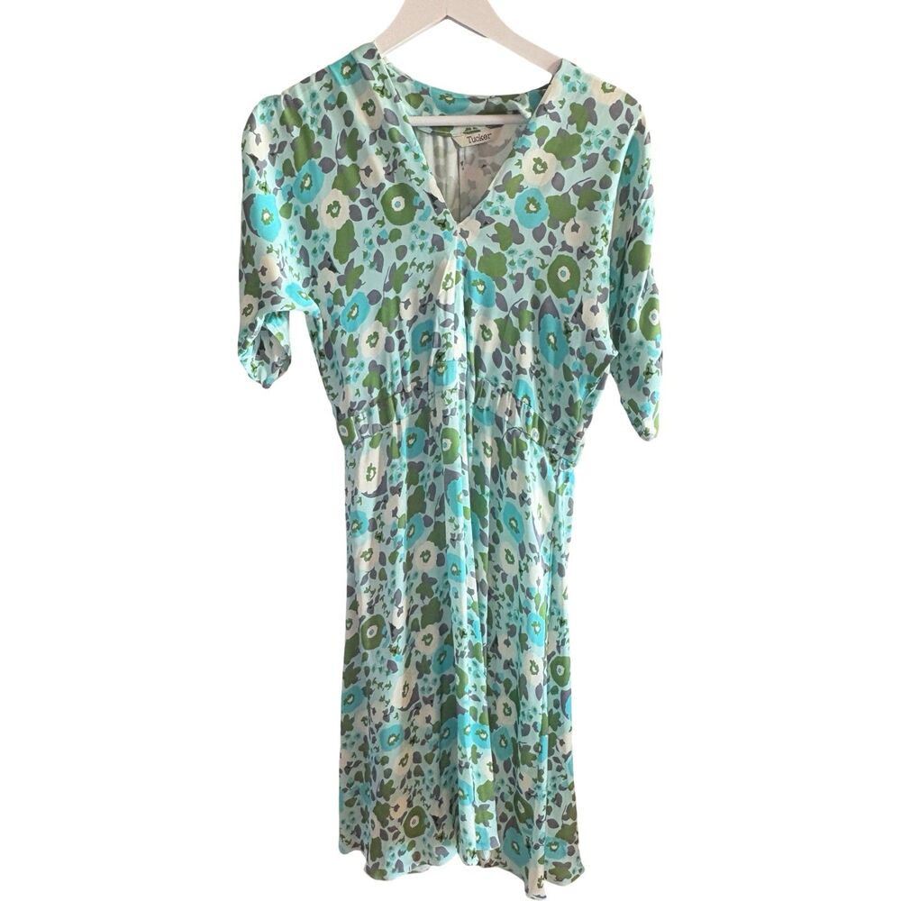 Tucker NYC EUC Market Dress Aqua Green Floral Silk V Neck Dolman Knee Sz XS